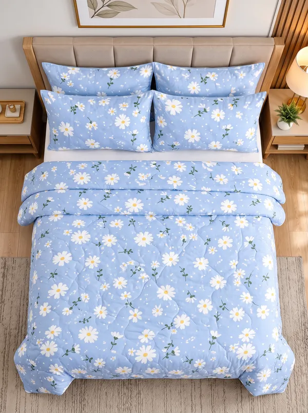 Blue_Daisy_Dreams_Quilted_Comforter_Set_–_4_Pieces_Set
