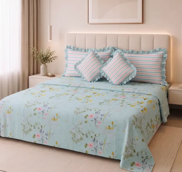 Blue_Garden_Frills_Bedsheet_set-_with_2_Filled_Cushions