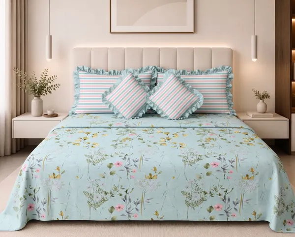 Blue_Garden_Frills_Bedsheet_set-_with_2_Filled_Cushions