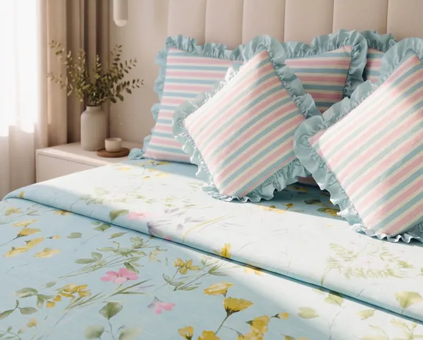 Blue_Garden_Frills_Bedsheet_set-_with_2_Filled_Cushions