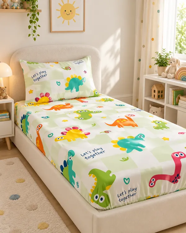 Dino_Play_Mint_Green_Kids_Fitted_Bedsheet