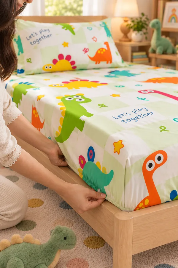 Dino_Play_Mint_Green_Kids_Fitted_Bedsheet