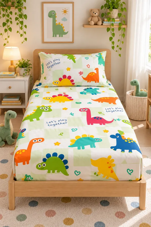 Dino_Play_Mint_Green_Kids_Fitted_Bedsheet