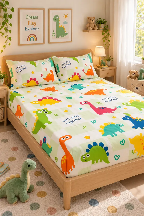 Dino_Play_Mint_Green_Kids_Fitted_Bedsheet