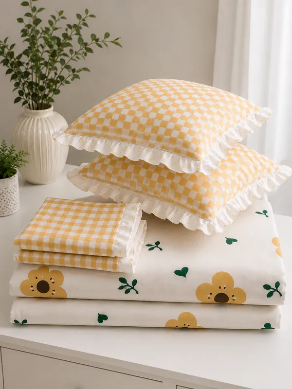 Golden_Sunshine_Mustard_Floral_Frills_Bedsheet_Set_-_with_2_Cushions