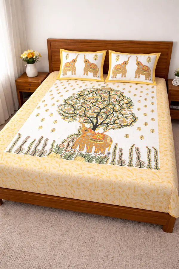 Yellow_Elephant_Tree_of_Life_Cotton_Bedsheet_Set_–_Handcrafted_Indian_Art_Print