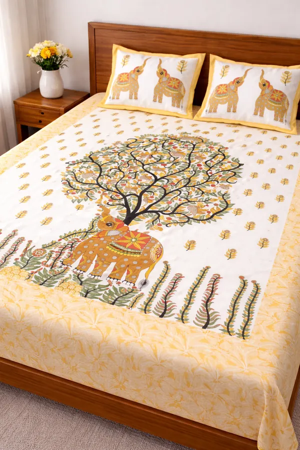 Yellow_Elephant_Tree_of_Life_Cotton_Bedsheet_Set_–_Handcrafted_Indian_Art_Print