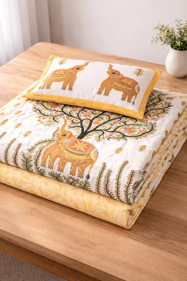 Yellow_Elephant_Tree_of_Life_Cotton_Bedsheet_Set_–_Handcrafted_Indian_Art_Print