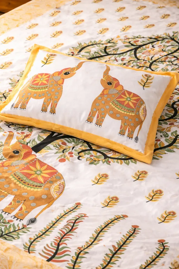 Yellow_Elephant_Tree_of_Life_Cotton_Bedsheet_Set_–_Handcrafted_Indian_Art_Print