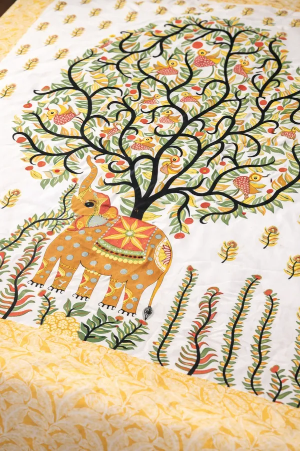 Yellow_Elephant_Tree_of_Life_Cotton_Bedsheet_Set_–_Handcrafted_Indian_Art_Print