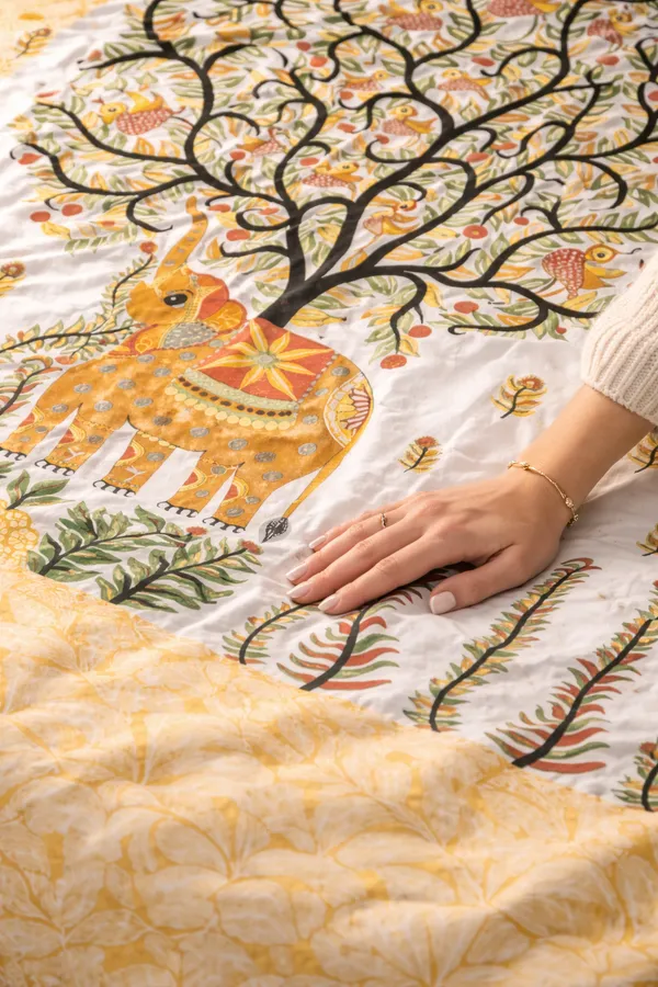 Yellow_Elephant_Tree_of_Life_Cotton_Bedsheet_Set_–_Handcrafted_Indian_Art_Print