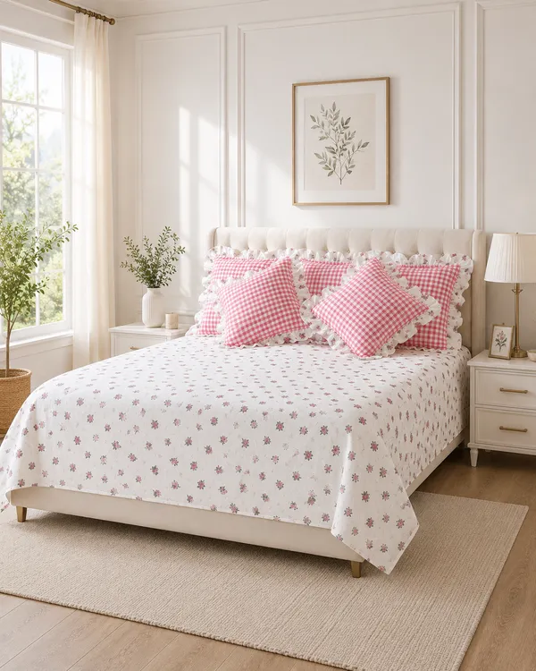 Gulab_Gingham_Frills_Bedsheet_set_-_with_2_Cushions