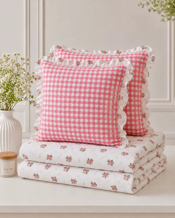 Gulab_Gingham_Frills_Bedsheet_set_-_with_2_Cushions