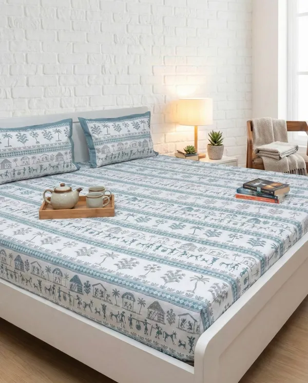 Blue_Worli_Print_Pure_Cotton_-_Super_King_Size_Bedsheet_Set
