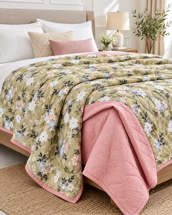 Olive_&_Blush_Floral_Reversible_Dohar_-_Double_Bed