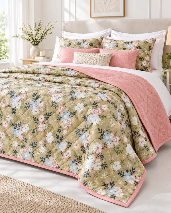 Olive_&_Blush_Floral_Reversible_Dohar_-_Double_Bed