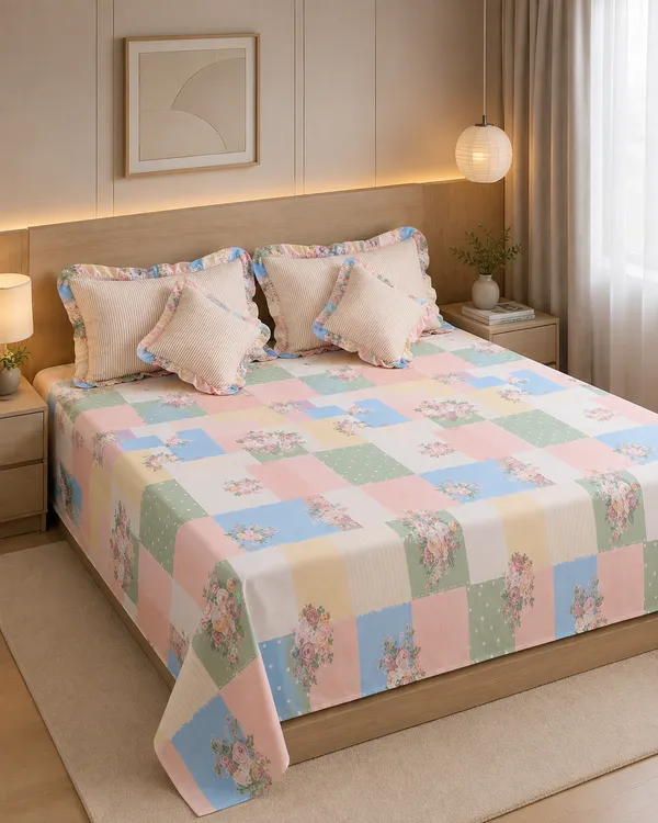 Pastel_Garden_Patchwork_Frills_Bedsheet_Set-_with_2_Cushions