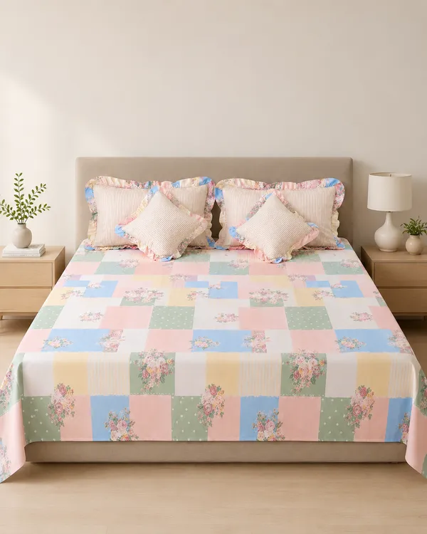 Pastel_Garden_Patchwork_Frills_Bedsheet_Set-_with_2_Cushions