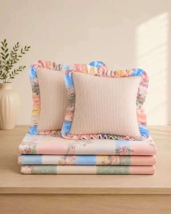Pastel_Garden_Patchwork_Frills_Bedsheet_Set-_with_2_Cushions