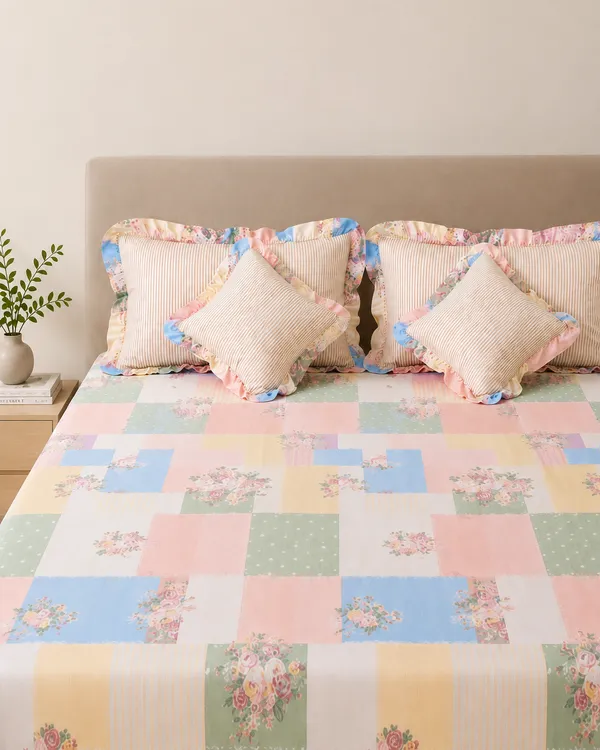 Pastel_Garden_Patchwork_Frills_Bedsheet_Set-_with_2_Cushions