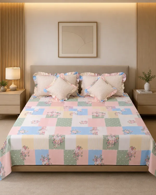 Pastel_Garden_Patchwork_Frills_Bedsheet_Set-_with_2_Cushions