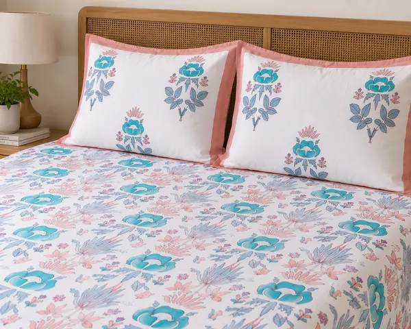 Pastel_Pink_&_Aqua_Handblock_Print_Pure_cotton_Bedsheet_Set