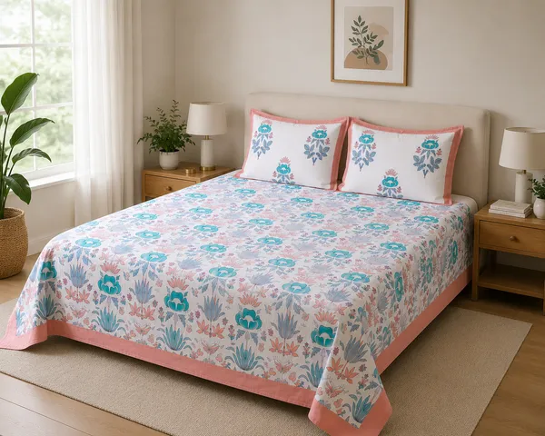 Pastel_Pink_&_Aqua_Handblock_Print_Pure_cotton_Bedsheet_Set