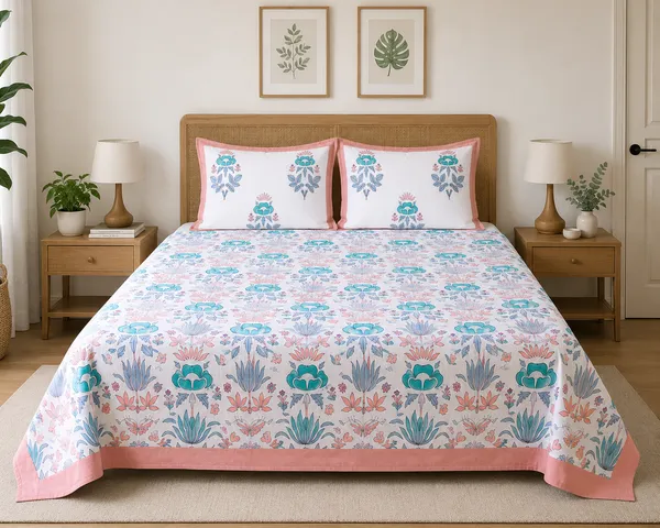 Pastel_Pink_&_Aqua_Handblock_Print_Pure_cotton_Bedsheet_Set
