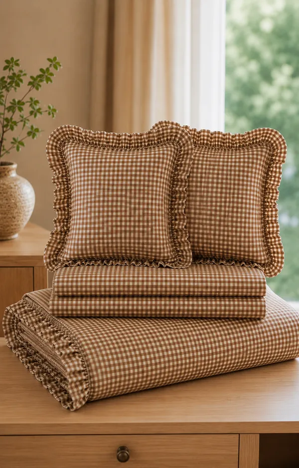 Vintage_Earth_Gingham_Checks_&_Frills_Bedding_Set_-_with_2_cushions