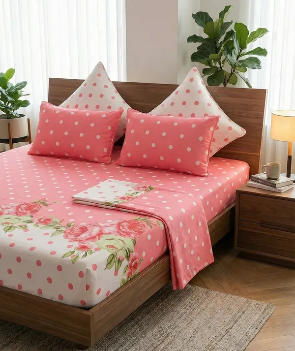 Pink_Polka_Dots_Bedsheet_Set_with_2_cushions_&_2_pillow_covers-_180_GSM_Cotton_Blend