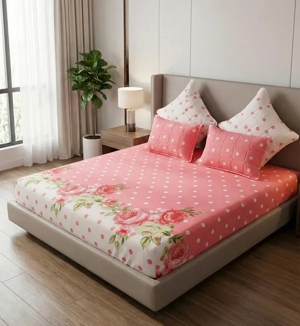 Pink_Polka_Dots_Bedsheet_Set_with_2_cushions_&_2_pillow_covers-_180_GSM_Cotton_Blend