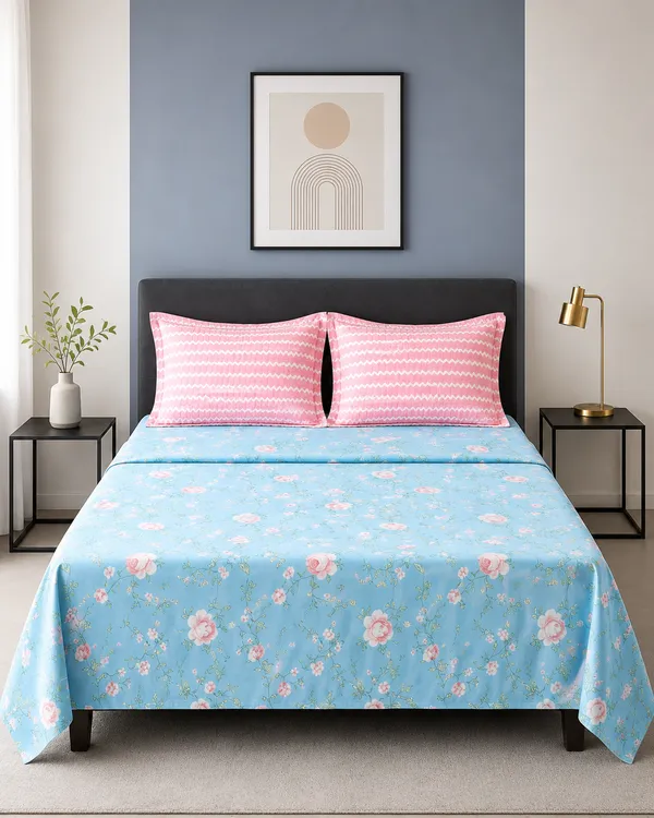 Spring_Hues_Blue_Floral_Bedsheet_Set_-_with_Coordinated_Pink_Pillow_Covers