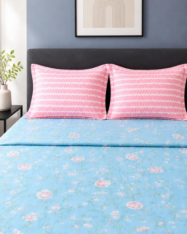 Spring_Hues_Blue_Floral_Bedsheet_Set_-_with_Coordinated_Pink_Pillow_Covers
