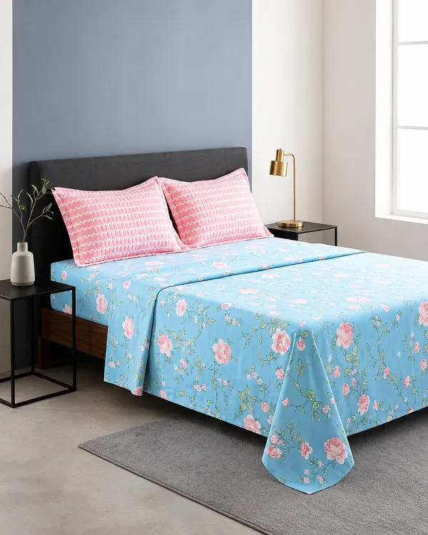 Spring_Hues_Blue_Floral_Bedsheet_Set_-_with_Coordinated_Pink_Pillow_Covers