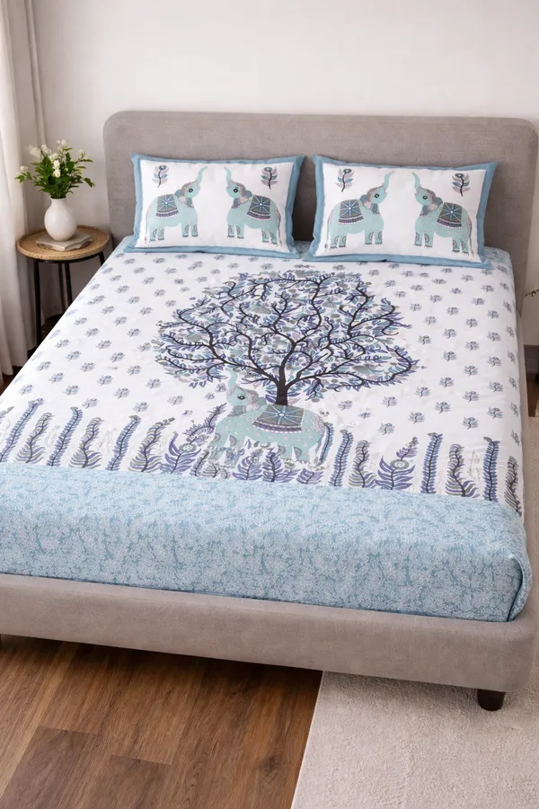 Blue_Elephant_Tree_of_Life_Cotton_Bedsheet_Set_–_Handcrafted_Indian_Art_Print