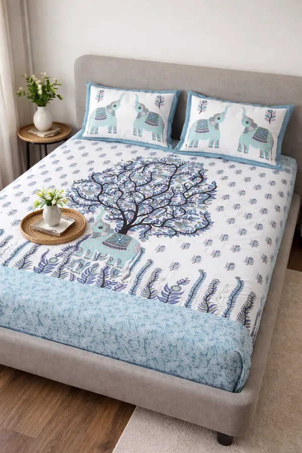 Blue_Elephant_Tree_of_Life_Cotton_Bedsheet_Set_–_Handcrafted_Indian_Art_Print