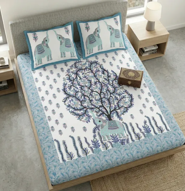 Blue_Elephant_Tree_of_Life_Cotton_Bedsheet_Set_–_Handcrafted_Indian_Art_Print