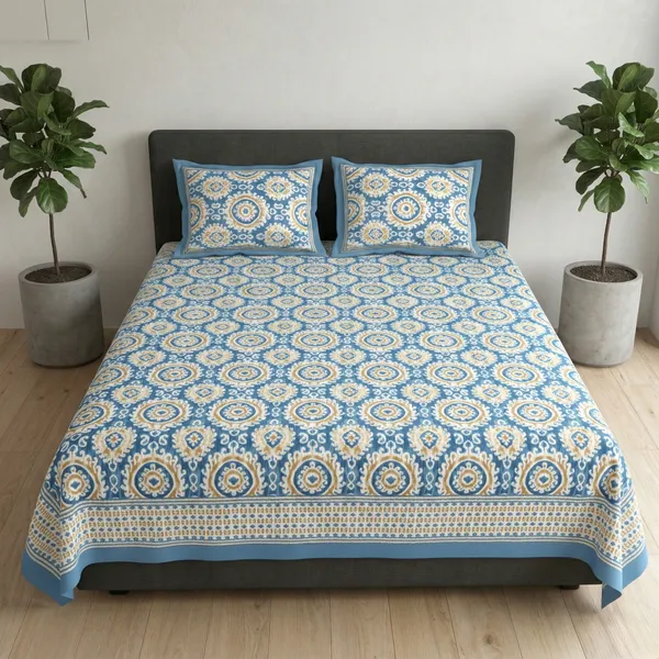 Royal_Blue_Ikat_Pure_Cotton_Bedsheet_Set