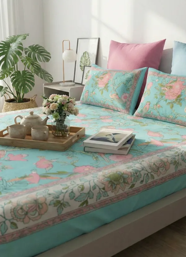 Aqua_Gulbahar_Handblock_Printed_Cotton_Bedsheet_Set