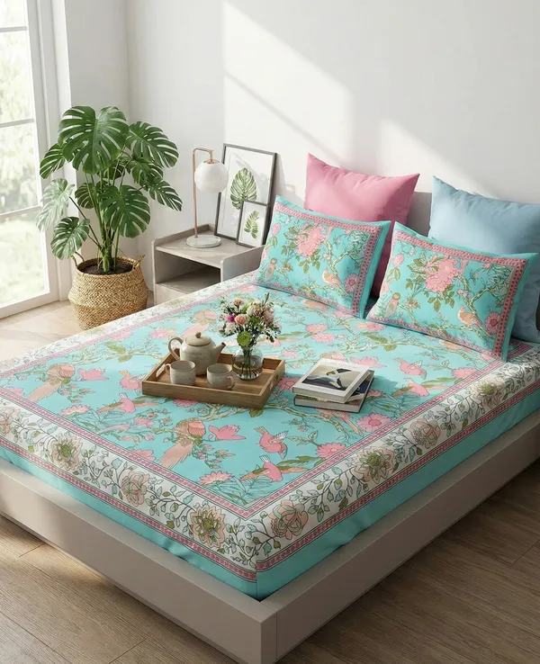 Aqua_Gulbahar_Handblock_Printed_Cotton_Bedsheet_Set
