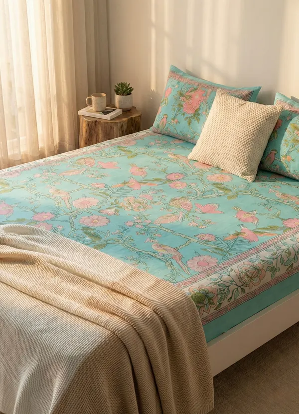 Aqua_Gulbahar_Handblock_Printed_Cotton_Bedsheet_Set