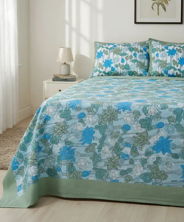 Serene_Blue_(Lotus)_Pure_Cotton_King_Size_Bedsheet_Set