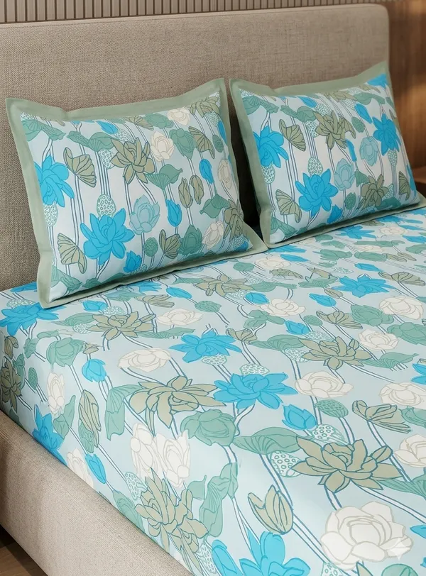 Serene_Blue_(Lotus)_Pure_Cotton_King_Size_Bedsheet_Set