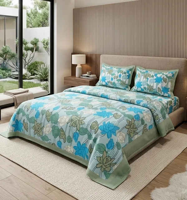 Serene_Blue_(Lotus)_Pure_Cotton_King_Size_Bedsheet_Set
