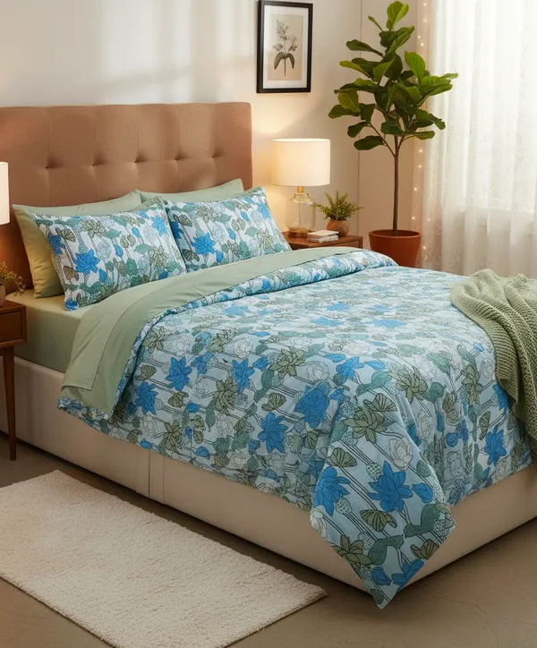 Serene_Blue_(Lotus)_Pure_Cotton_King_Size_Bedsheet_Set