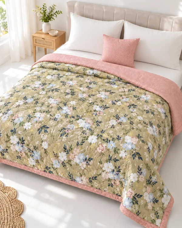 Olive_&_Blush_Floral_Reversible_Dohar_-_Double_Bed