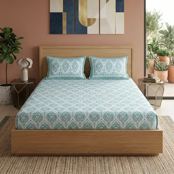 Aqua_Blue_Ikat_Pure_Cotton_Bedsheet_Set