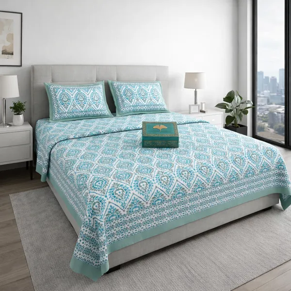 Aqua_Blue_Ikat_Pure_Cotton_Bedsheet_Set