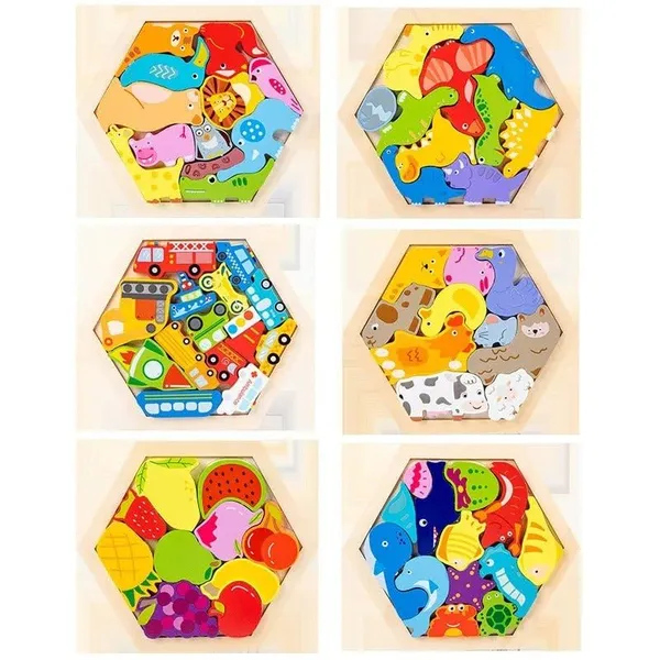 3D_Hexagon_Puzzle_Board_Colorful_Wooden_Cartoon_Mammals_Fruits_Vehicles_Dinosaur