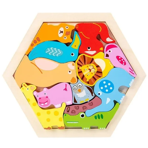3D_Hexagon_Puzzle_Board_Colorful_Wooden_Cartoon_Mammals_Fruits_Vehicles_Dinosaur